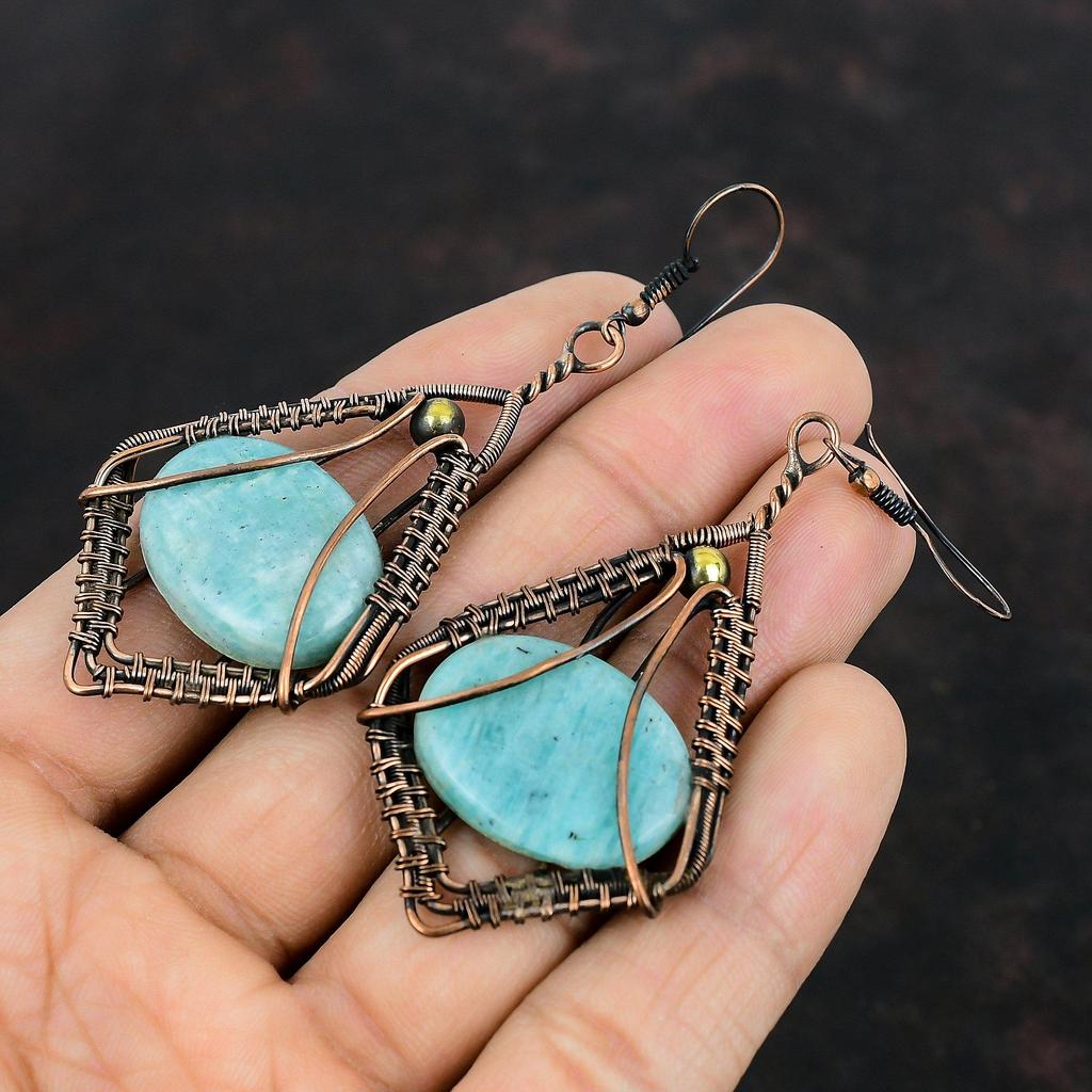 Amazonite Earring Copper Wire Wrapped Gemstone Earrings Handmade Elegant Earring Antique Copper Jewelry Gifts For Mother Birthstone Jewelry
