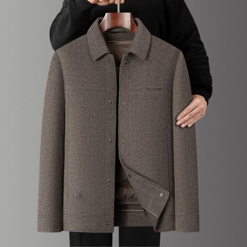 Mens Reversible Wool Blend Jacket With Removable Down Inner Liner Slim Stand Collar Warm Winter