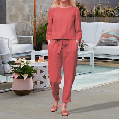 2 шт./комплект женский топ брюки комплект круглый вырез длинный рукав блузка винтажные эластичный пояс брюки повседневный досуг свободный наряд