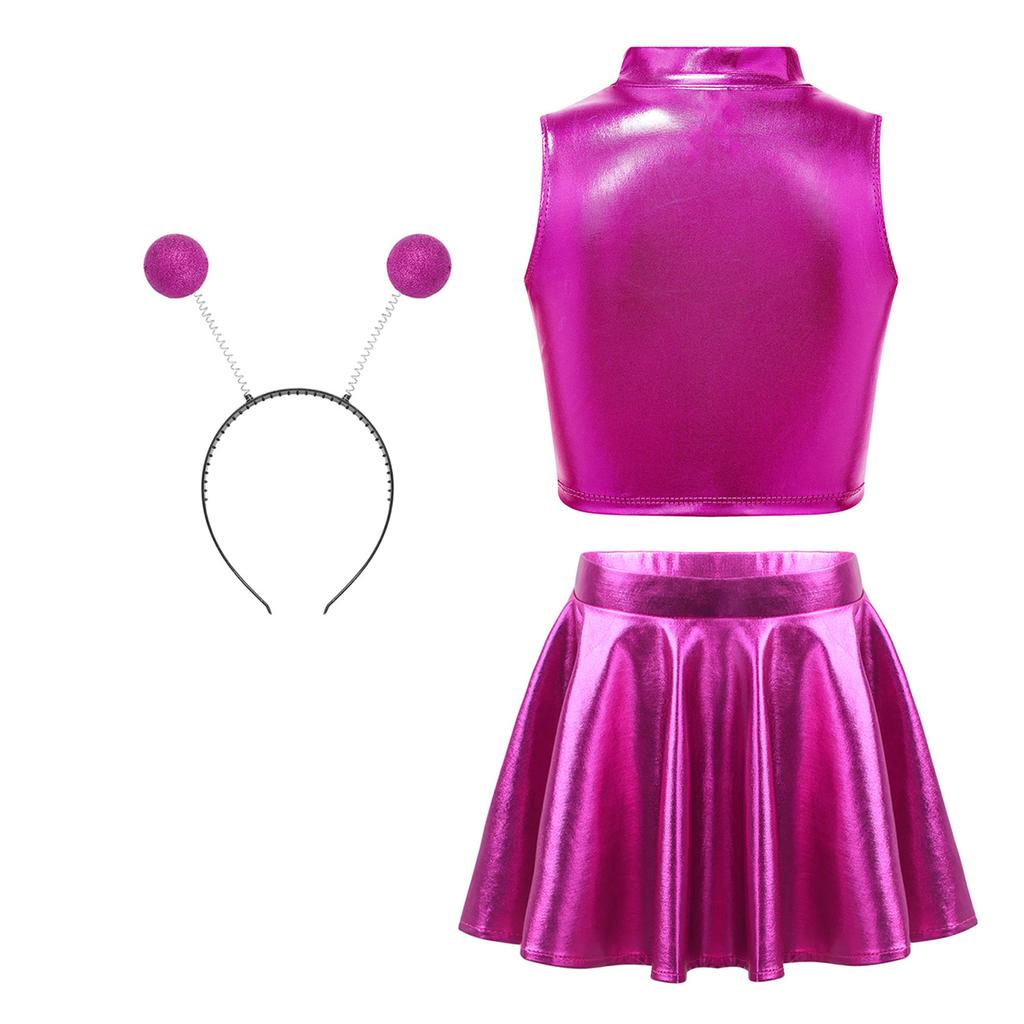 Костюм на тему инопланетянок, комплект: майка-топ, расклешенная плиссированная А-силуэта мини-юбка, аксессуар - обруч для волос, наряд на Хэллоуин