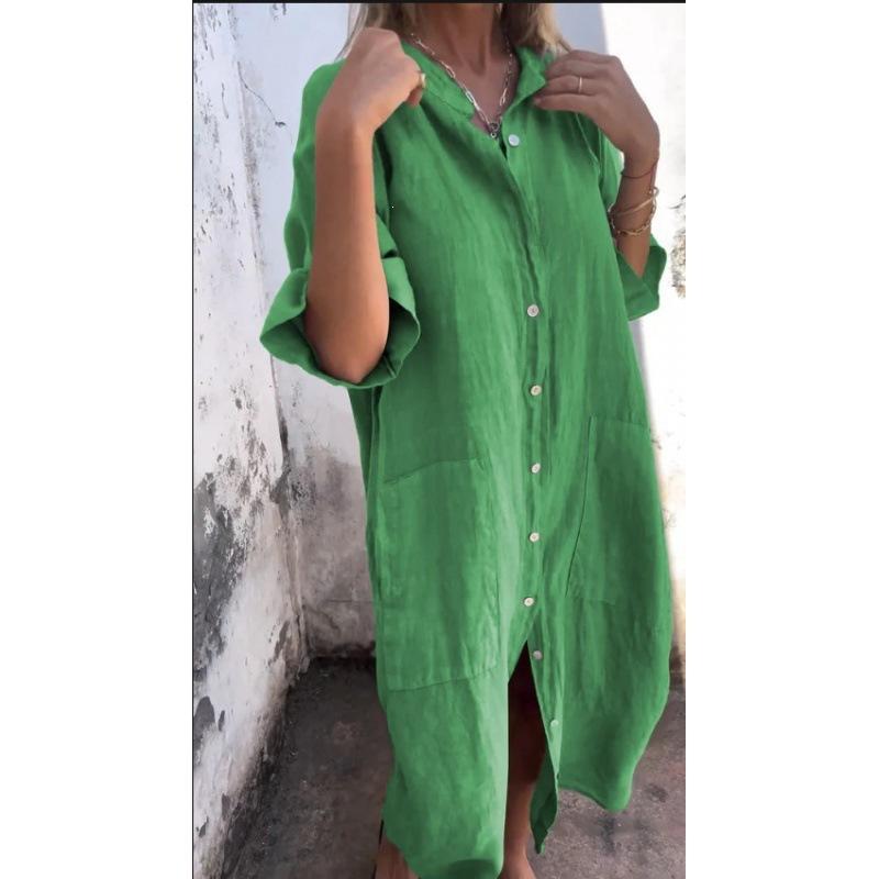 2026 new European and American spring and summer European and American style loose casual medium-sleeved cotton and linen shirt dress women