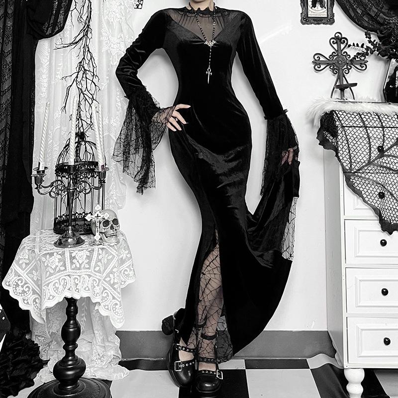 AltGoth готическое темное бархатное платье на Хэллоуин для женщин в винтажном стиле Fairy Grunge кружевное пэчворк с расклешенными рукавами и высокой талией вечернее платье