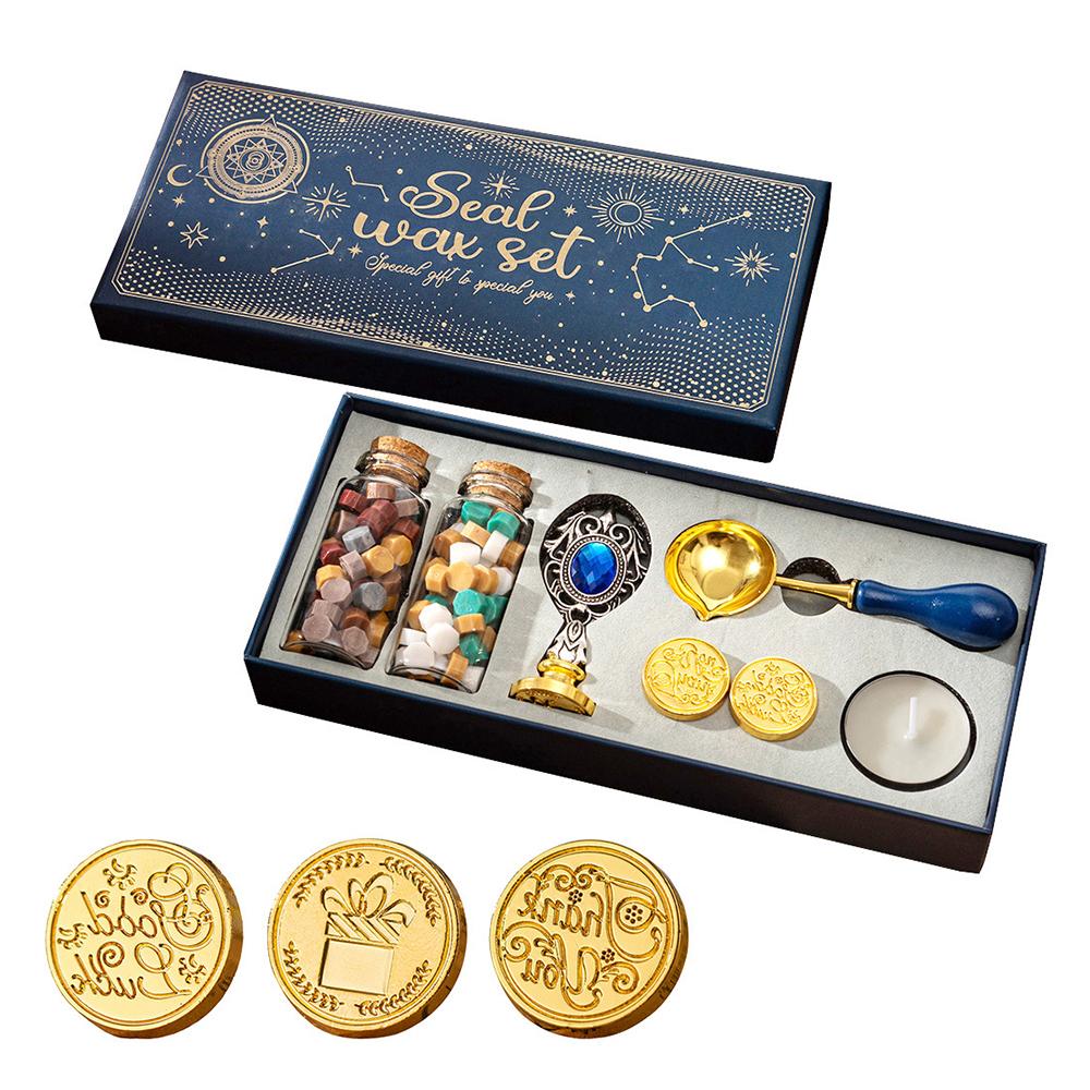 Wax Seal Stamp Kit with 3pcs Seal Stamp and Bottle of Wax Beads SpoonCandle for Christmas Vintage
