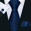 Necktie Hankerchief Cufflinks Set Exquisite Sapphire Blue Pattern Jacquard Woven Wedding