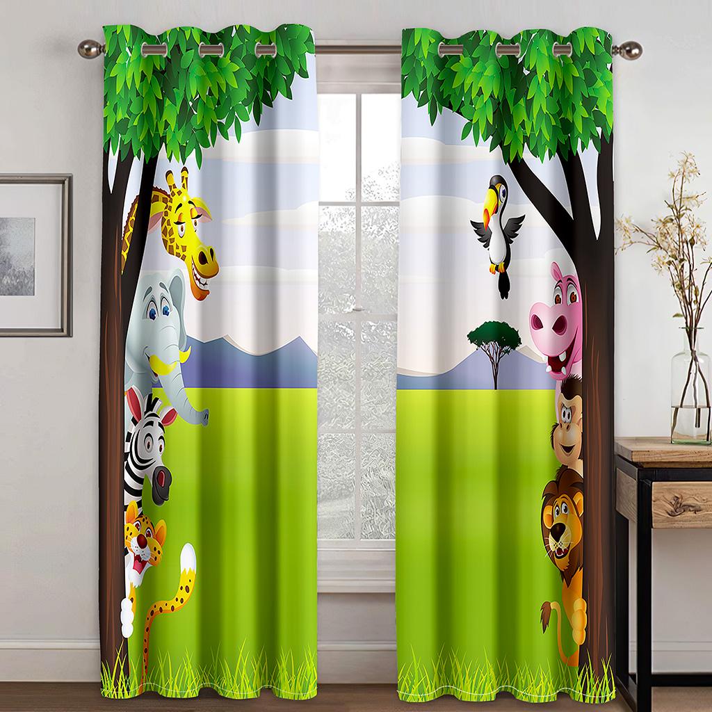 Children's Favorite Animal World Animation Series Sunshade Curtains 2 Pieces of Living Room Bedroom Home Decoration