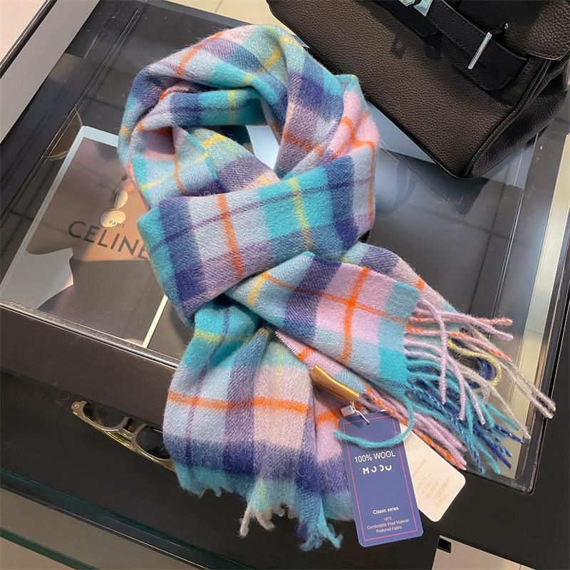100% Pure Wool Scarf Female Winter Warm Cashmere Shawl Checkerboard Grain Design Couple Accessory Premium Sense Windproof Scarf