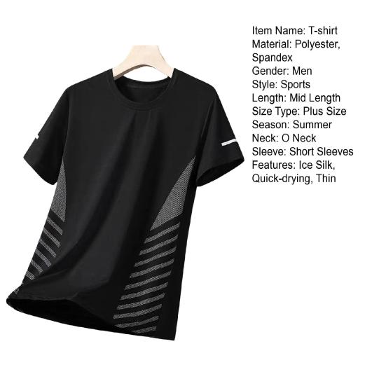 Summer Men Top Ice Silk Quick-drying Mesh Short Sleeves Plus Size O Neck Loose Contrast Color Thin Elastic Casual Pullover Daily Sport T-shirt