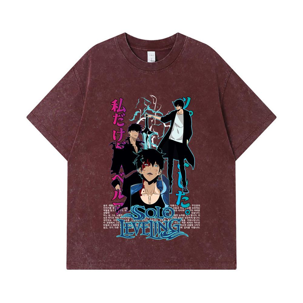 275 GSM Washed T-shirts 100% Cotton Solo Leveling V2 Sung JinWoo Print Unisex Heavy Cotton T Shirt