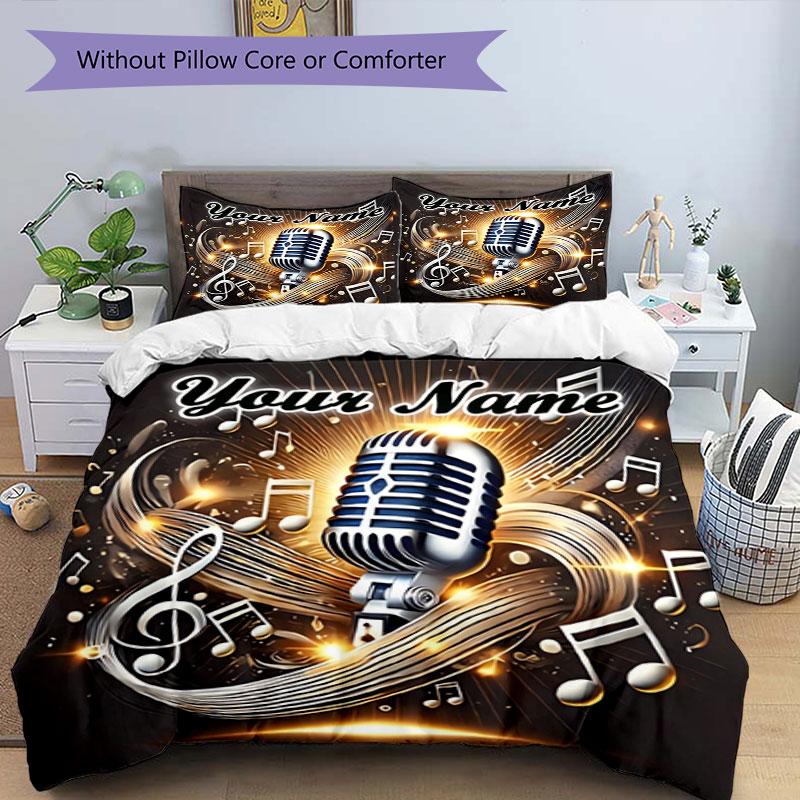3PC Custom Name Music Microphone Artwork Bedding Set Duvet Cover Closure Includes 1 Duvet Cover & 2 Pillowcases for Bedroom