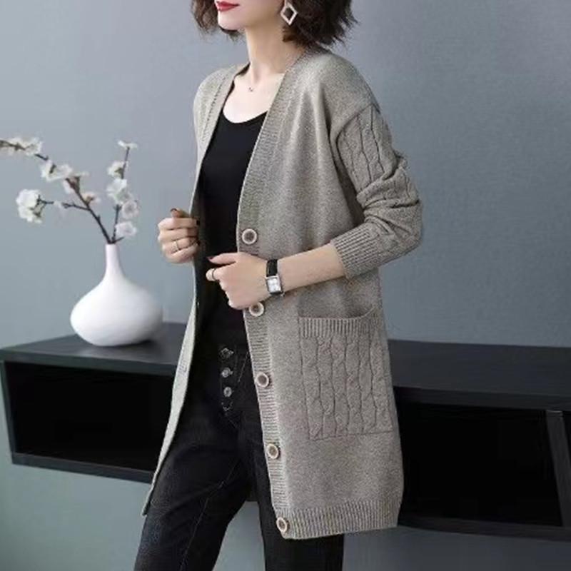 Вязаный кардиган, женский свободный корейский вариант средней длины, весенний свитер большого размера, толстая осенне-зимняя куртка с карманами