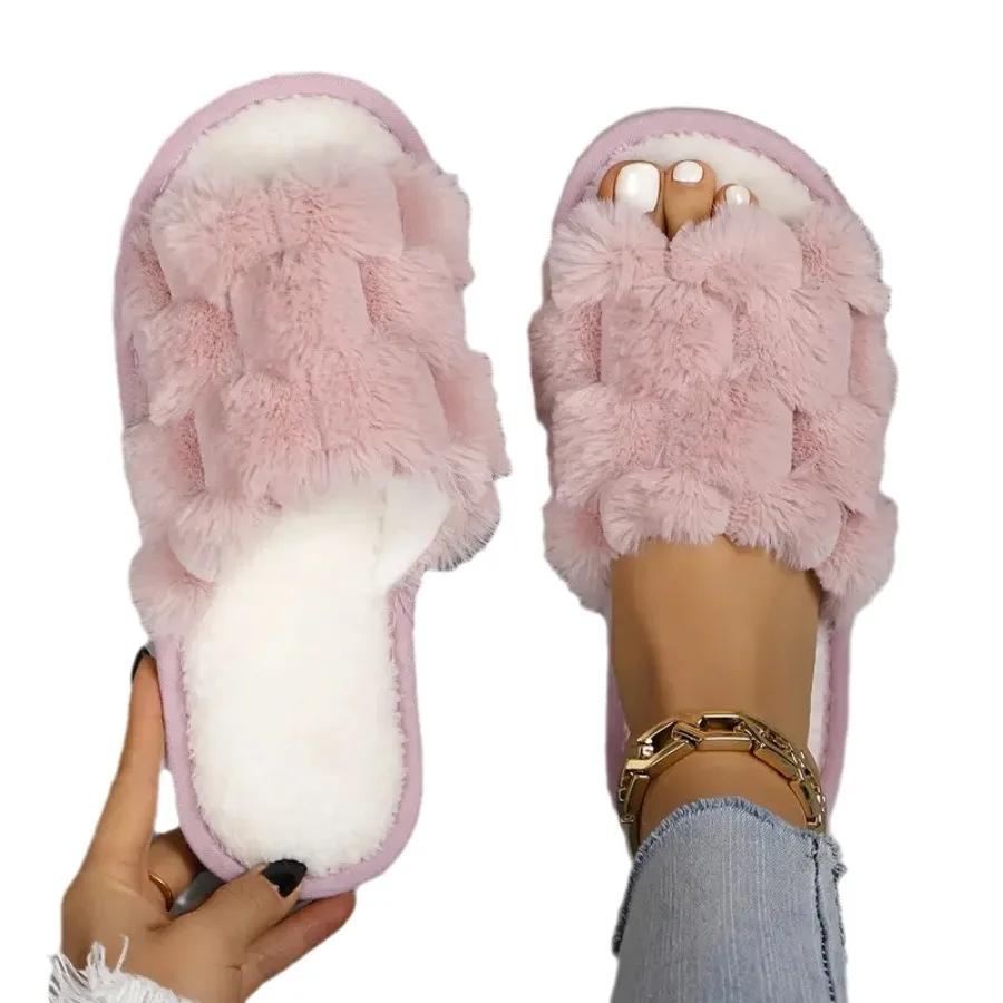 Women Fashion Fur Slippers Fluffy Warm Plush Slippers Woman Flat Non Slip Indoor Slides Open Toe Warm Non-slip Cotton Slippers