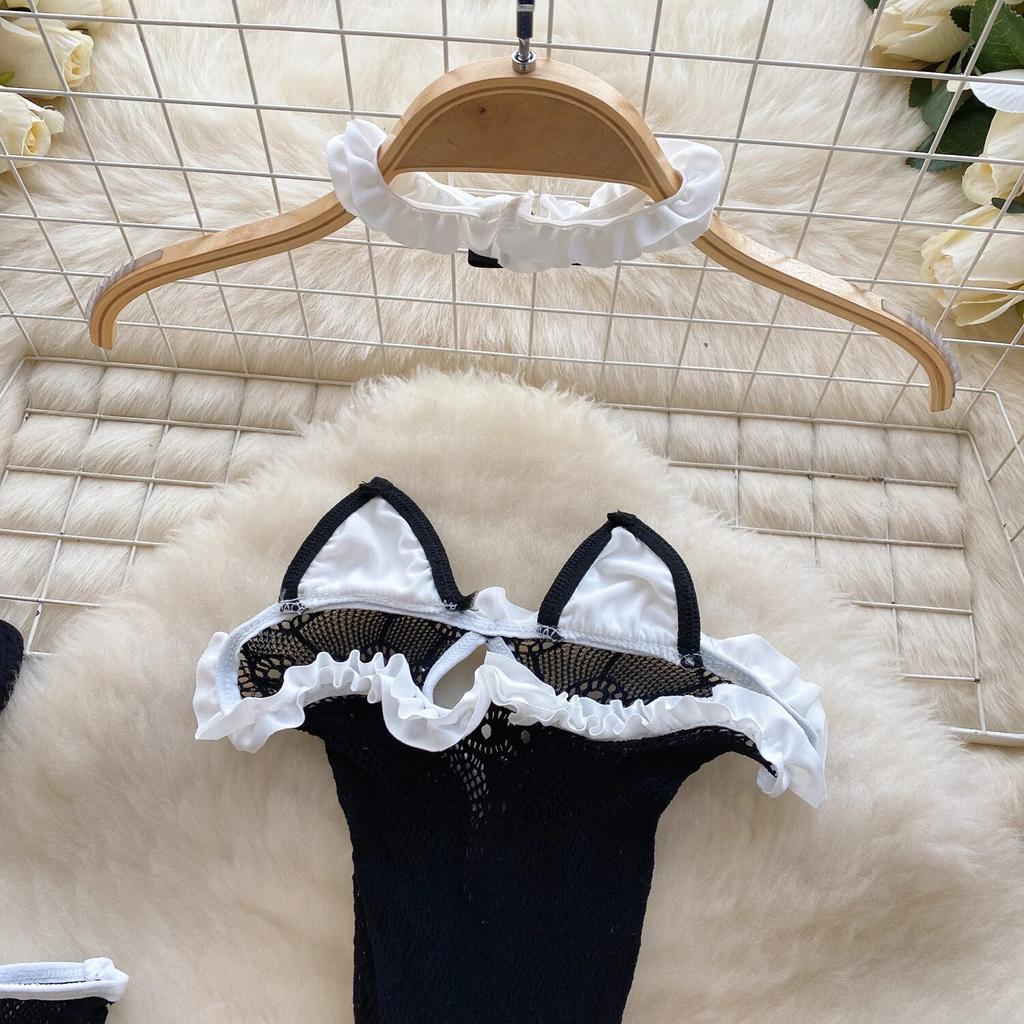 Japanese Cute Cat Erotic Night Dress Women Strapless Slim Bow Backless Nightwear Playsuits Female Hollow Out Sheer Uniform Sexy Pajamas 2024