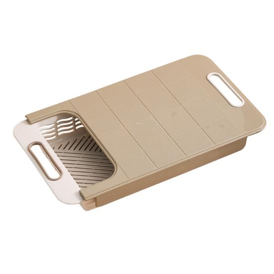 Cutting Board with Strainer Colander Retractable Plastic Board Extended Size Space-Saving with Handle Draining Tray for Kitchen