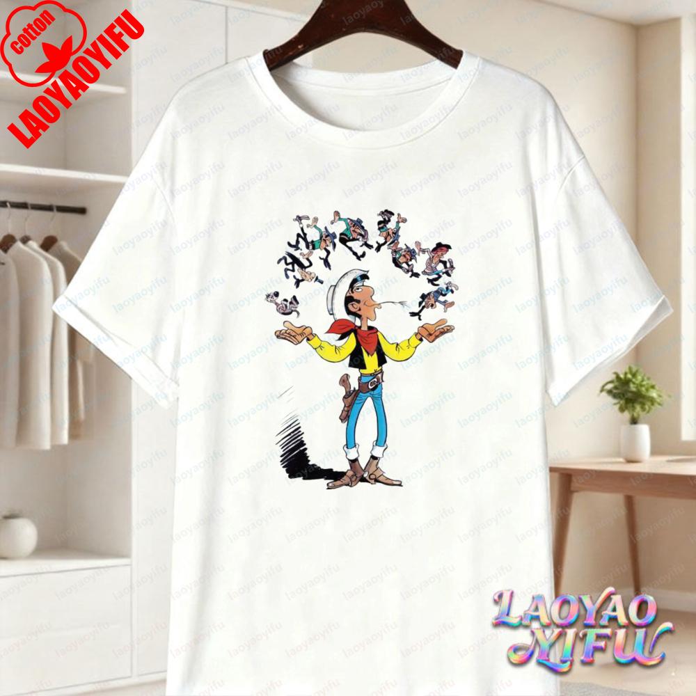 Смелая футболка с рисунком Lucky Luke Злодей Жонглирование Арт Модная футболка Подарок фанату Lucky Luke Летнее Развлечение Винтаж Комикс Хлопковые Топы Унисекс Одежда