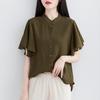 Literary Summer Loose Stand Collar Solid Color Short Sleeve Shirt Women's Fashion Flying Sleeve Blouse Top