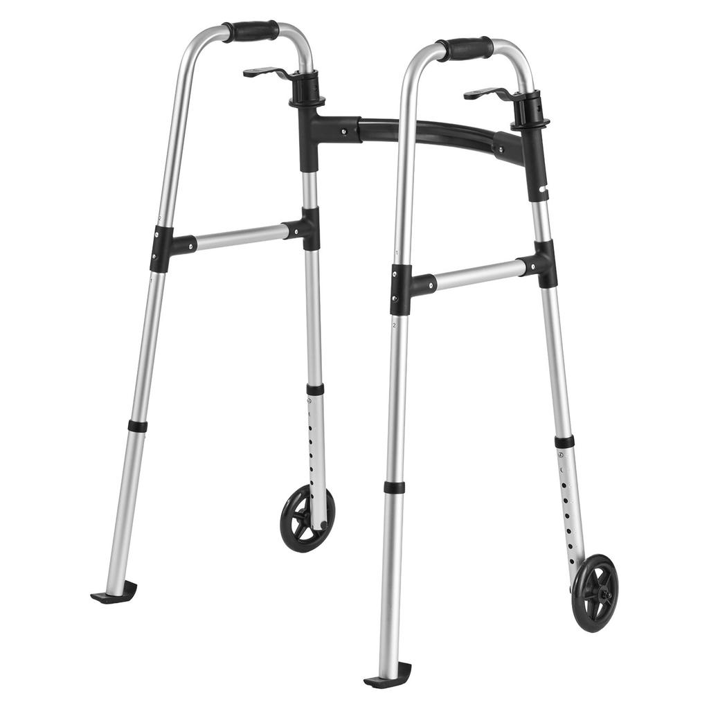 Folding Walker, 2-Button Foldable Walker with Solid Wheels & 8-Level Adjustable Height, 159KG Loading Lightweight Aluminum Mobility Walking Aid,