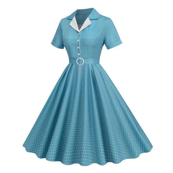 Женское вечернее платье в стиле ретро, ​​однобортное трапециевидное платье с большим отложным воротником, V-образным вырезом и клетчатым принтом, с высоким поясом и узкой талией, женское платье миди для выпускного вечера