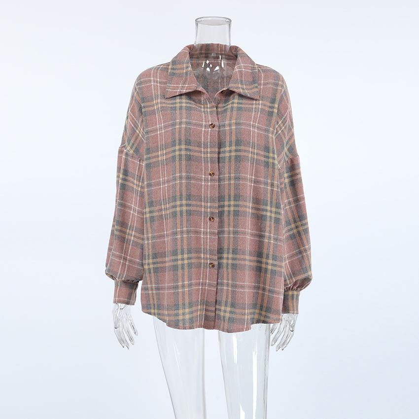 Autumn fashion retro minimalist loose polyester cotton lapel plaid shirt versatile Russian long-sleeved women's shirt