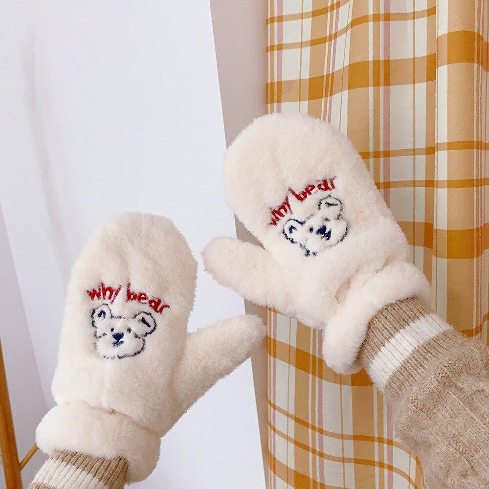 2023 Females Korean Bear Dog Gloves Women's Girls Winter Kawaii Cute Bears Plush Fur Thick Riding Mittens Glove Keep Warmer