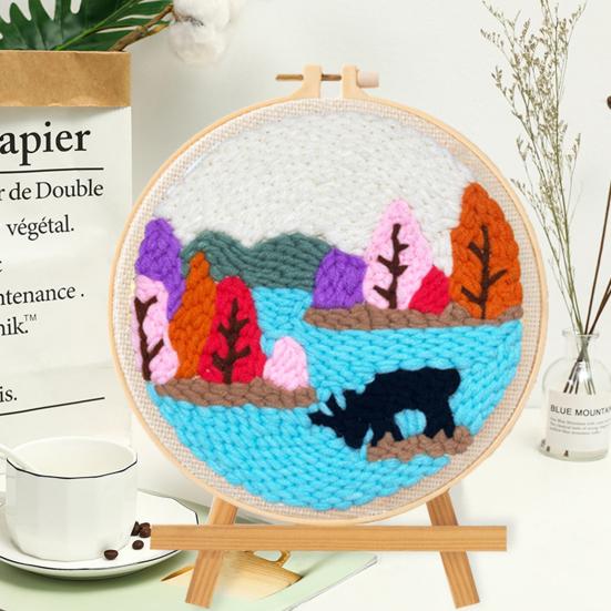 DIY Punch Stitch Kit for Beginners Cartoon Pattern with Punch Needle Hoop Punch Stitch Starter Craft Set for Adults Children
