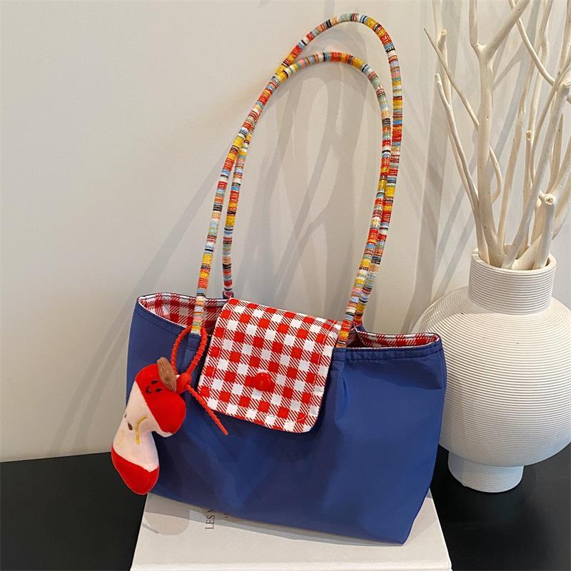 Повседневная нейлоновая клетчатая сумка через плечо с подвеской, дофаминовая сумочка, большая вместимость, женская сумка-тоут для поездок на работу, трендовые сумки под мышкой