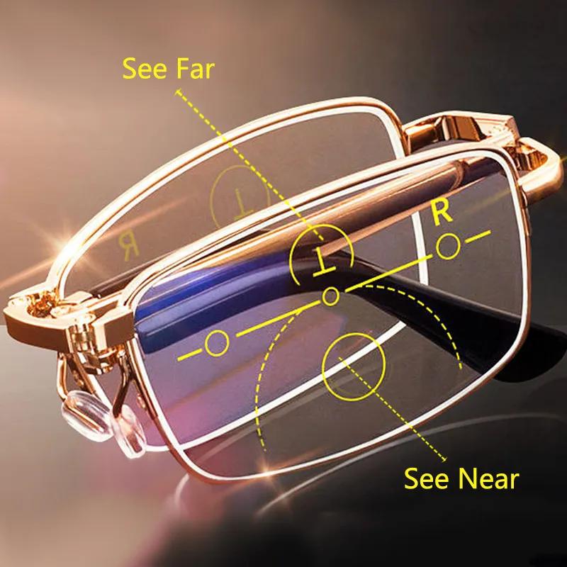 Folding Reading Glasses Portable Progressive Biofocal Eyewear Parent Anti-Blue Ray Presbyopic Eyeglasses with Leather Case