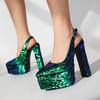 Женские туфли с золотыми и зелеными пайетками, сексуальные туфли на высоком каблуке и массивной платформе, блестящие серебристые туфли с блестками белого цвета