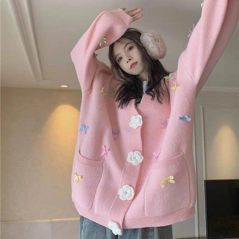 3D цветочный кардиган для женщин однотонный длинный рукав свободный бант женский свитер V-образный вырез повседневная женская верхняя одежда топы