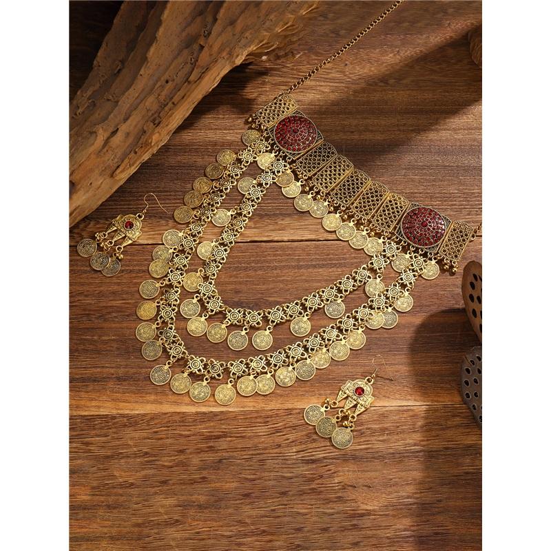 Ethnic Women Gypsy Gold Color Coin Tassel Necklace Earring Aesthetic Bohemia Long Pendant Choker Turkish Afghan Wedding Jewelry