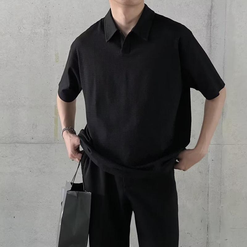Летняя одежда, новая рубашка поло с короткими рукавами, мужская свободная футболка с лацканами, текстурированная корейская версия, повседневный топ с короткими рукавами