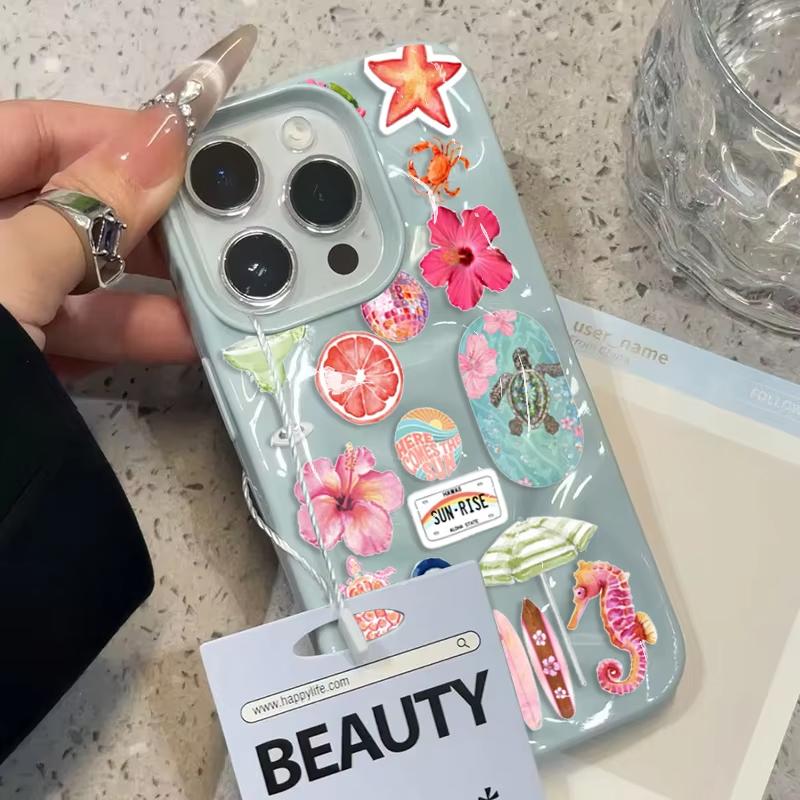 Складная текстура Мягкий чехол для телефона Для iPhone 17 Air 16 15 14 13 12 11 Pro Max Plus Летний цветочный узор с морскими обитателями: морской конек, черепаха