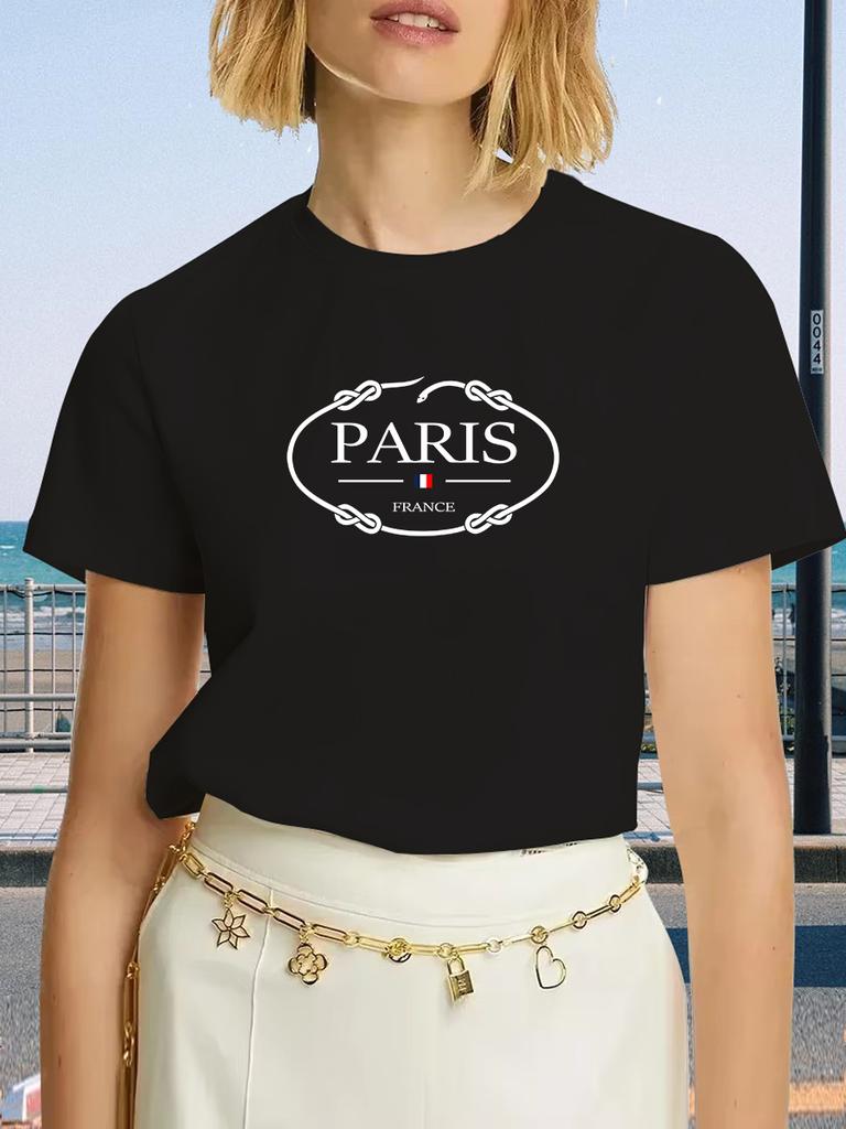 PARIS Print T-shirt, Short Sleeve Crew Neck Casual Top For Summer & Spring Women's Clothing