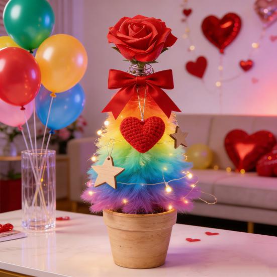 Верхушка для елки на День святого Валентина Красная роза Верхушка для елки со спиральной проволочной основой Романтическое украшение в виде розы для украшения мини-елок Праздничная вечеринка Домашний декор