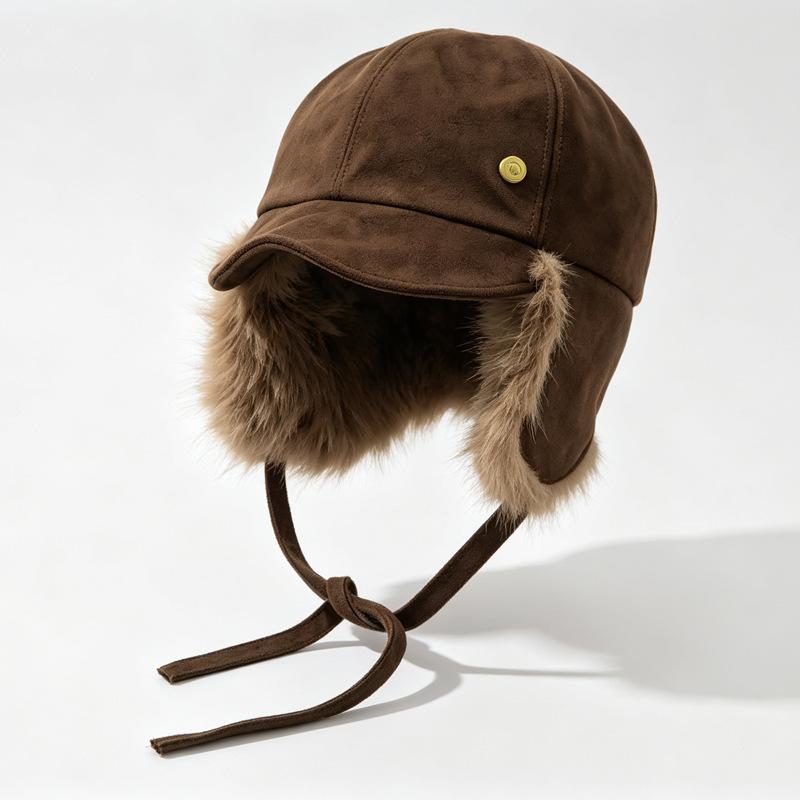 Women S Retro Suede Trapper Hat Winter Warm Ear Flap Cap Metal Label Simple Cold Protection