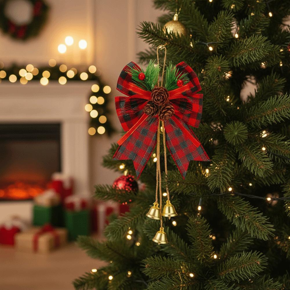6Pcs/Set Creative Christmas Bows Hanging Ornament with Bell Rustic Check Bowknot Hanging Pendant Festive with Pine Cones