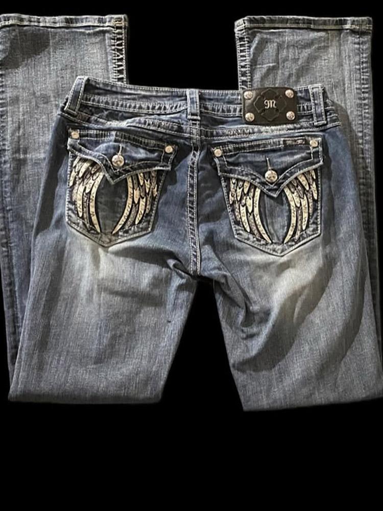 Американские ретро-узкие расклешенные джинсы женские Y2k Harajuku Gothic Vintage Pocket вышитые синие джинсовые брюки с низкой талией широкие брюки
