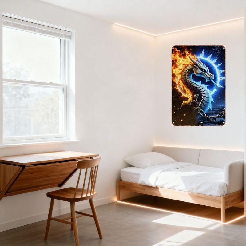 Мифический двуцветный дракон с огненным пламенем, металлическая жестяная вывеска, обвивающий светящийся синий портал, фон из тлеющих углей темного звездного неба,