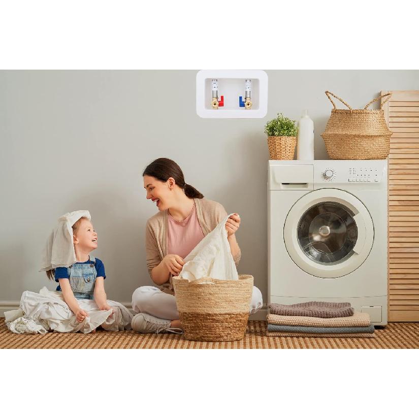 WHK Washing Machine Outlet Box,Pex Laundry Box Washer Wall Box With Drain Recessed Water Valve Box Center Double Drain 1/2-inch Crimp PEX B,PVC White