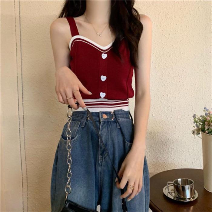 Женский контрастный жилет Love Button Camisole Vest - летний трикотажный укороченный топ 2024 года