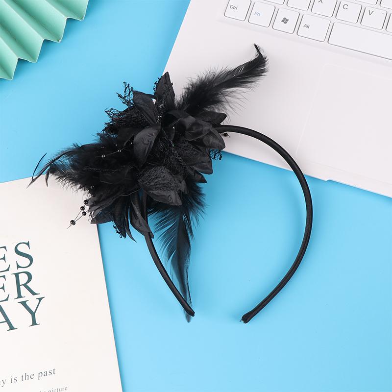 Женский Фасинатор Шляпка Ободок с Цветком Пером и Сеткой для Коктейльной Свадебной Вечеринки Аксессуары для Волос