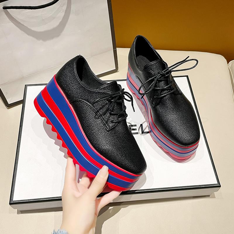 Разноцветные туфли на вулканизированной платформе, женские туфли из искусственной кожи на толстом каблуке, повседневные туфли, женские кроссовки со шнуровкой и толстой подошвой, нескользящие