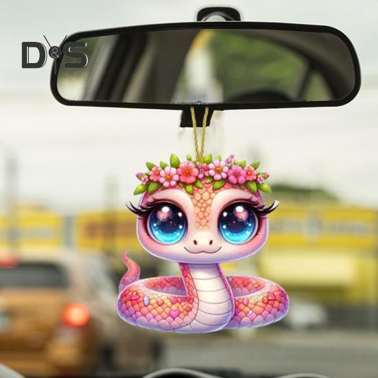 Pink Flower Snake Pendant Acrylic Christmas Tree Hanging Car Decoration Funny Snake Lover Xmas Gift for Car Rearview Mirrors Windows Bags