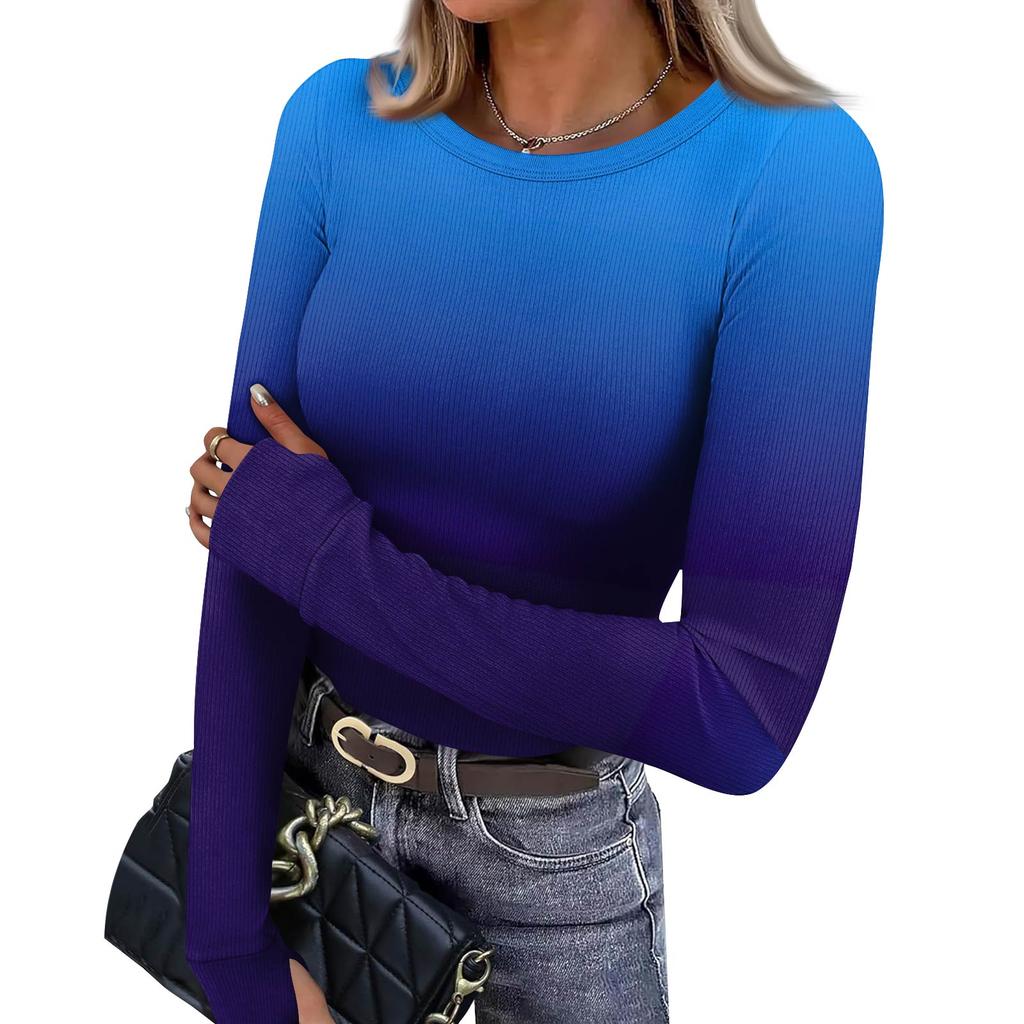 Women's And Winter Slim Bottom T-shirt Fashion Casual Gradient Printing Round Neck Pullover Long Sleeve Top