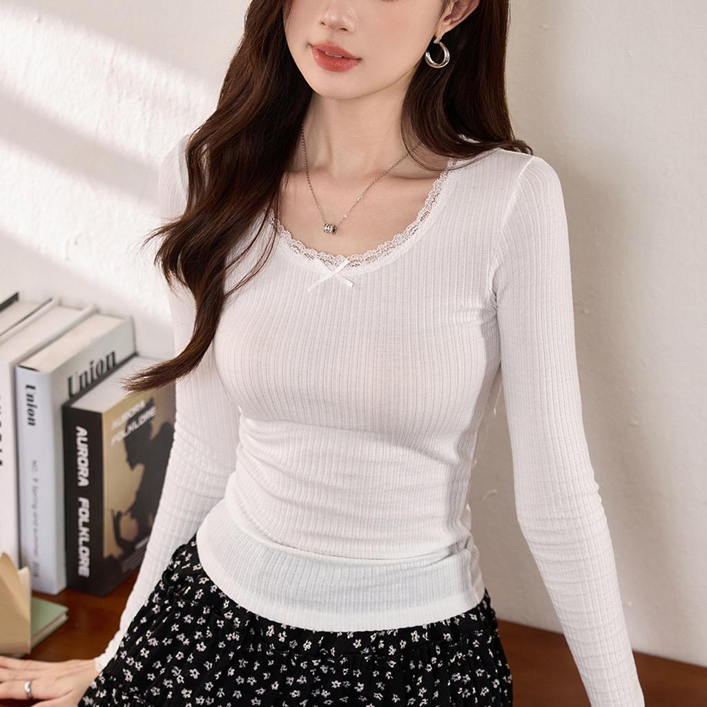 Slightly Transparent Sexy Lace Lace T-shirt for Women In Women's Long-sleeved Autumn New Pure Base Shirt