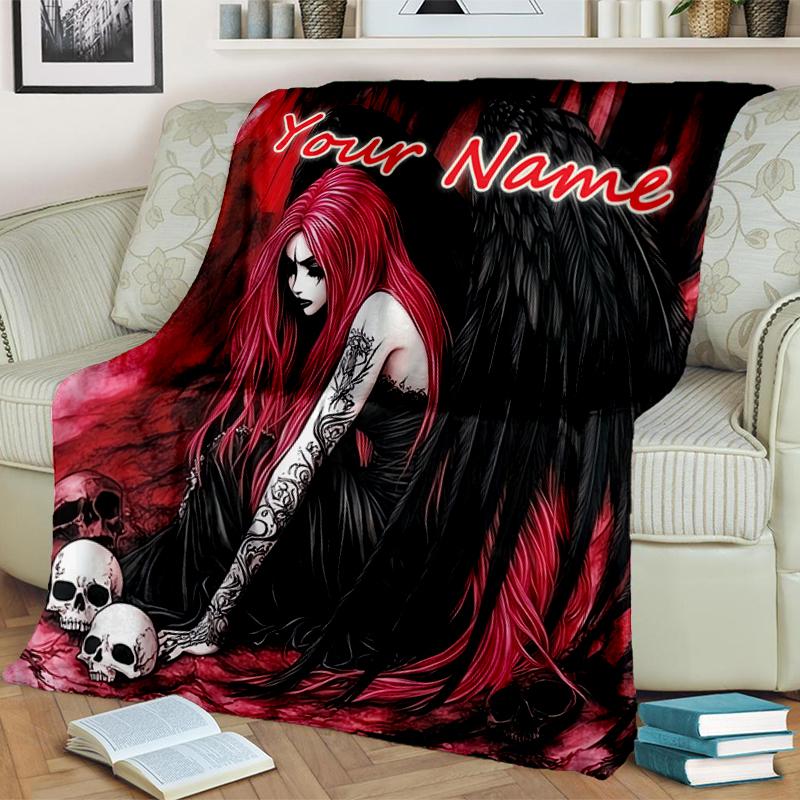 1PC Custom Name Dark Angel Skulls blanket versatile,all-season throw suitable for the living room,bedroom,camping,travel,and gift