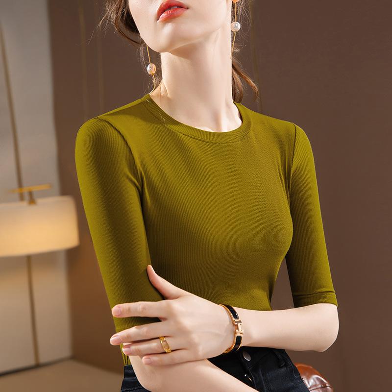 Solid Color Bottoming Shirt Women's New Women's Clothing Front Shoulder Round Neck Stretch Cotton T-shirt Fashionable Simple Inner Top