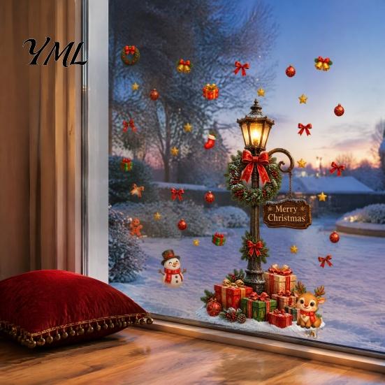 Christmas Atmosphere Wall Decor Retro Street Lamp Decal, Merry Lamppost Sticker, Seasonal Murals for Windows Holiday DIY Mural Art Living Room,