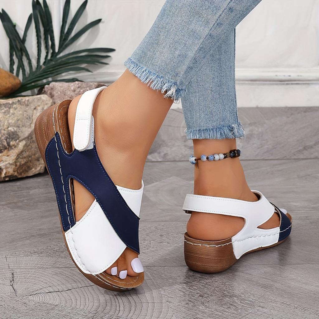 Women's Contrast Color Wedge Sandals, Peep Toe Slingback Soft Sole Shoes, Comfy Outdoor Summer Sandals