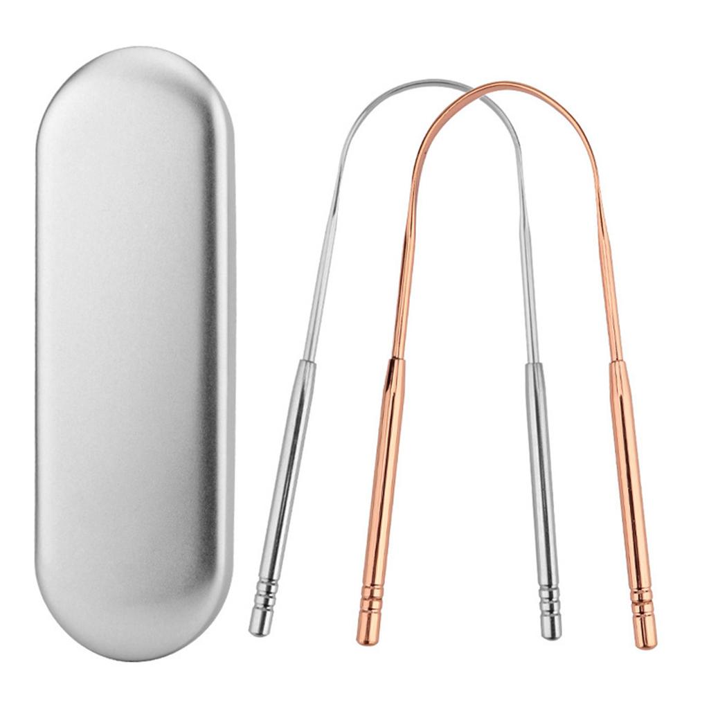 2PCS Stainless Steel Tongue Scraper Oral Tongue Cleaner with Metal Storage Box Mouth Tongue