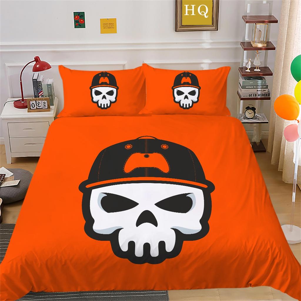 3D Horror Patterned Printed Bedding Set with Skull Head Pattern Down Duvet and Pillowcase 2/3 Pieces Halloween Festive Atmosphere Home Decoration